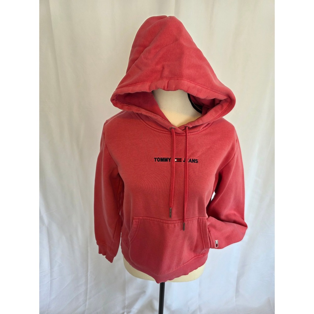Tommy Jeans Women's Coral Pink Graphic Hoodie Sweatshirt Size Medium Distressed‎
